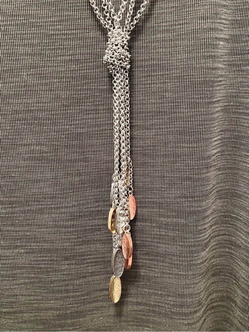 Long Multi Strand Silver Lariat Necklace Mixed Metal Disc Dangle Statement